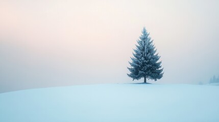 Fototapeta premium A solitary evergreen tree stands tall in a snowy landscape, shrouded in mist during the early morning light.