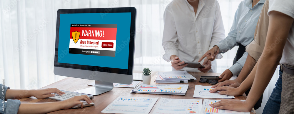 Poster Virus warning alert on computer screen detected brisk cyber threat , hacker, computer virus and malware