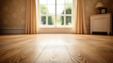 Fototapeta premium A serene room features a polished wooden floor and a bright window, inviting natural light and creating a warm atmosphere.