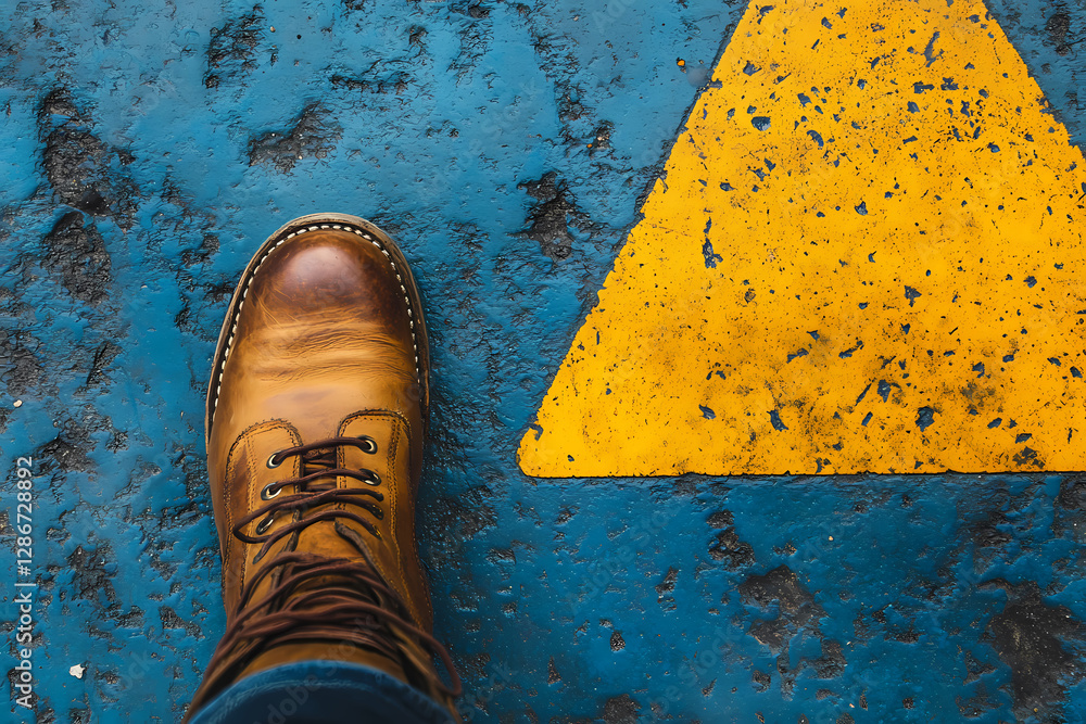 Poster stepping into the unknown: a detailed perspective of a leather boot on a blue surface adjacent to a 