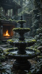 Serene Garden Fountain with Moss and Fire Tranquil Water Feature in Lush Greenery