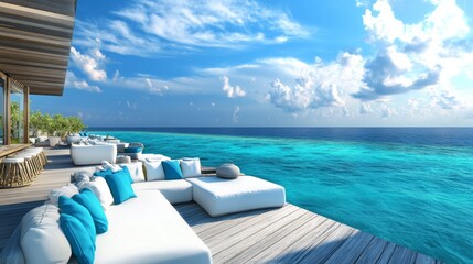 Fototapeta premium Outdoor lounge area with white sofas and blue pillows overlooking the turquoise ocean.