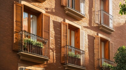 Fototapeta premium A weathered brick building featuring multiple balconies, showcasing architectural charm and urban character in a vibrant city setting.