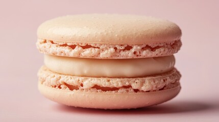 A delicate, light pink macaron with a creamy filling sitting elegantly against a soft pink background.