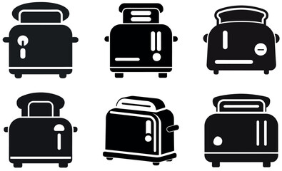 A collection of six silhouette icons depicting various types of toasters.