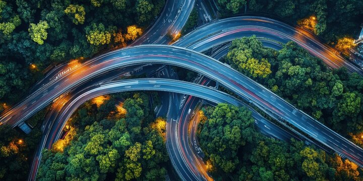 A detailed view of a highway intersection featuring multiple lanes and surrounding trees, highlighting urban infrastructure and greenery.