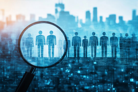 Selecting talented people. Recruitment and employment image. Magnifier and people icons on cityscape background