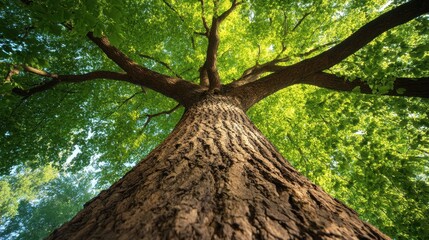 Fototapeta premium Majestic tree viewed from below, showcasing its strong trunk and vibrant green canopy.