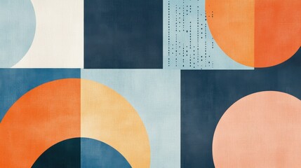A vibrant abstract design featuring geometric shapes in shades of blue, orange, and cream, creating a modern and artistic feel.