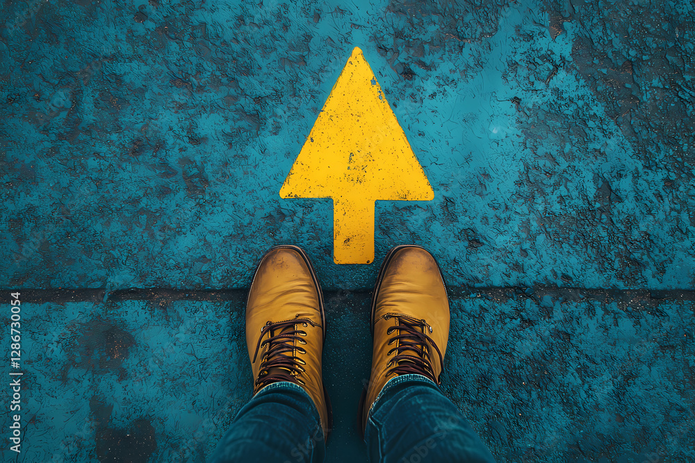 Poster path forward: footwear pointing towards an upward arrow direction
