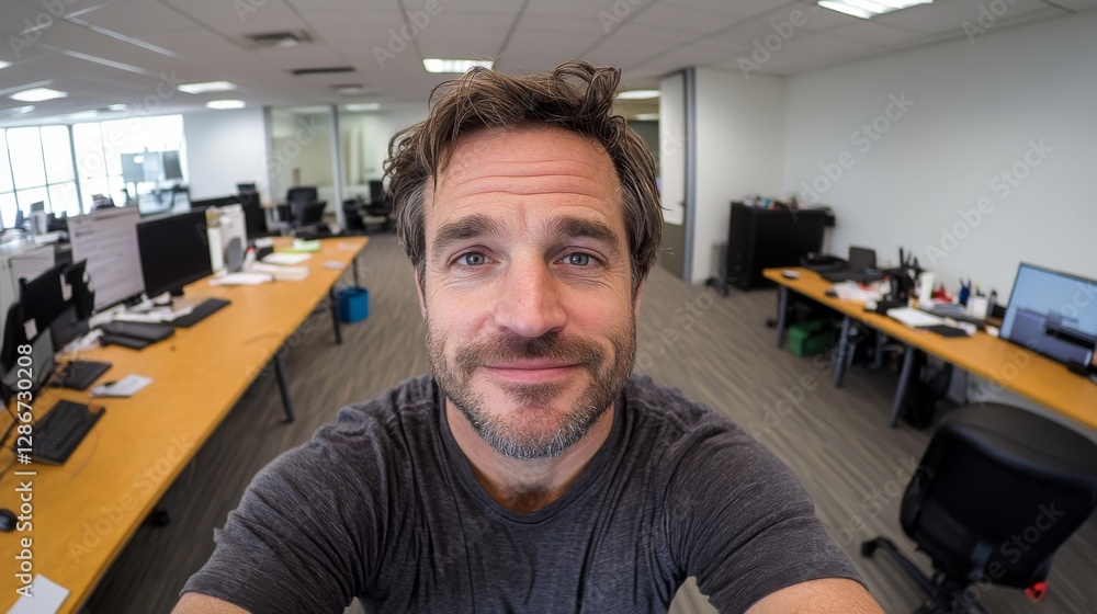Aufkleber employee smiling in an office workspace during daytime with desks and computers in the background