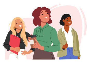 Motivated multiracial business women characters planning career growth and goal achievement strategy