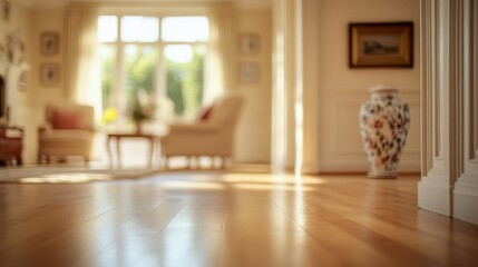 A simple vase rests on the floor of a cozy living room, adding a touch of elegance to the warm and inviting atmosphere of the space.