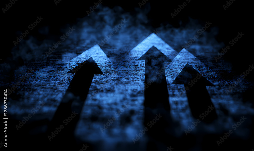 Poster ascending arrows of growth: illuminated blue arrows pointing upward, overlaid on a textured, dark ba