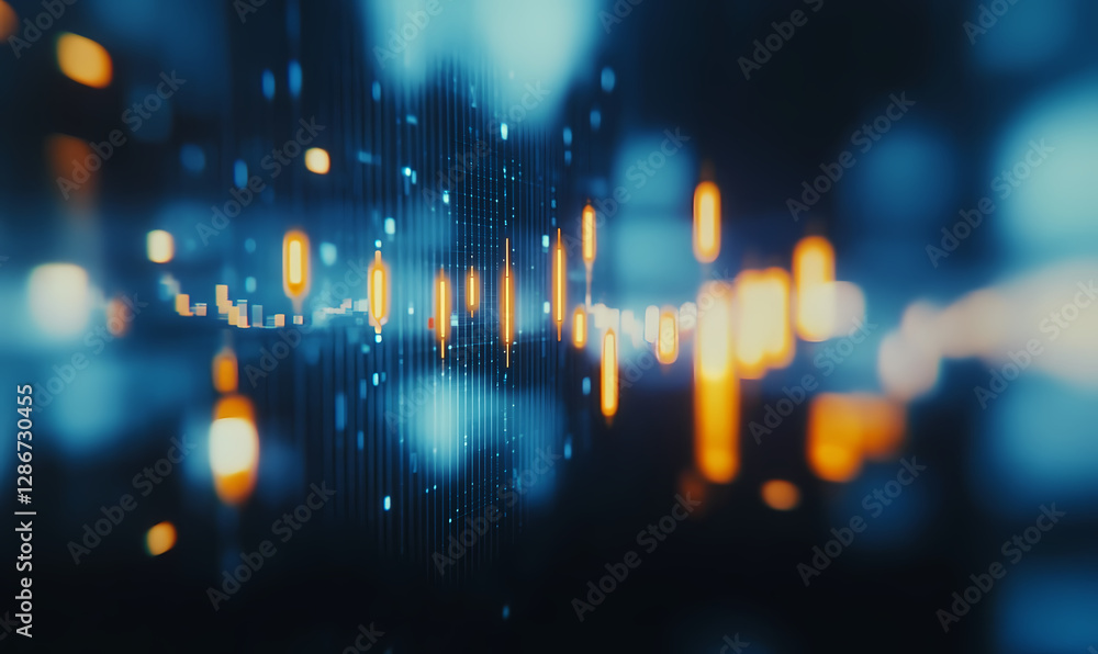 Poster financial data visualization: abstract representation of financial data, with glowing lines and poin