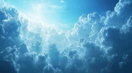 Vibrant blue sky filled with fluffy white clouds, creating a serene and uplifting atmosphere.