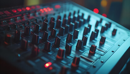 Fototapeta premium Sound control music mixer in record studio. Close up mixer and equalizer volume on the mixer amplifier. Digital audio system