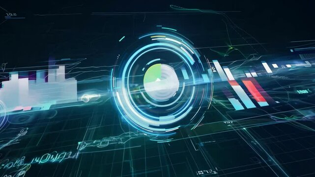 High-tech digital interface featuring holographic charts, circular HUD elements, and glowing data visualizations, representing futuristic technology and artificial intelligence.
