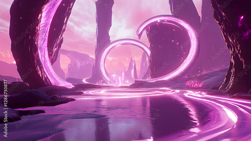 Poster futuristic purple tunnel with circular light source at center creating a surreal visual experience