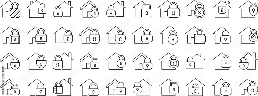 Poster house with lock line icon bundle. minimalistic linear pictogram for web and graphic design, apps, ba