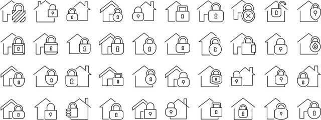 House with Lock Line Icon Bundle. Minimalistic Linear Pictogram for Web and Graphic Design, Apps, Banners, Social Network and Cards