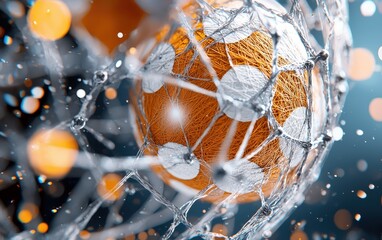 Abstract Orange Soccer Ball in Net with Water Splashes Artistic 3D Render