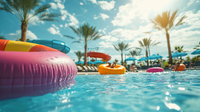 Waterpark slide and equipment for summer relax. Cartoon vector illustration set of bright amusement aquapark spiral tunnel waterslide, inflatable ball and ring, lounge chair and umbrella, palm tree.