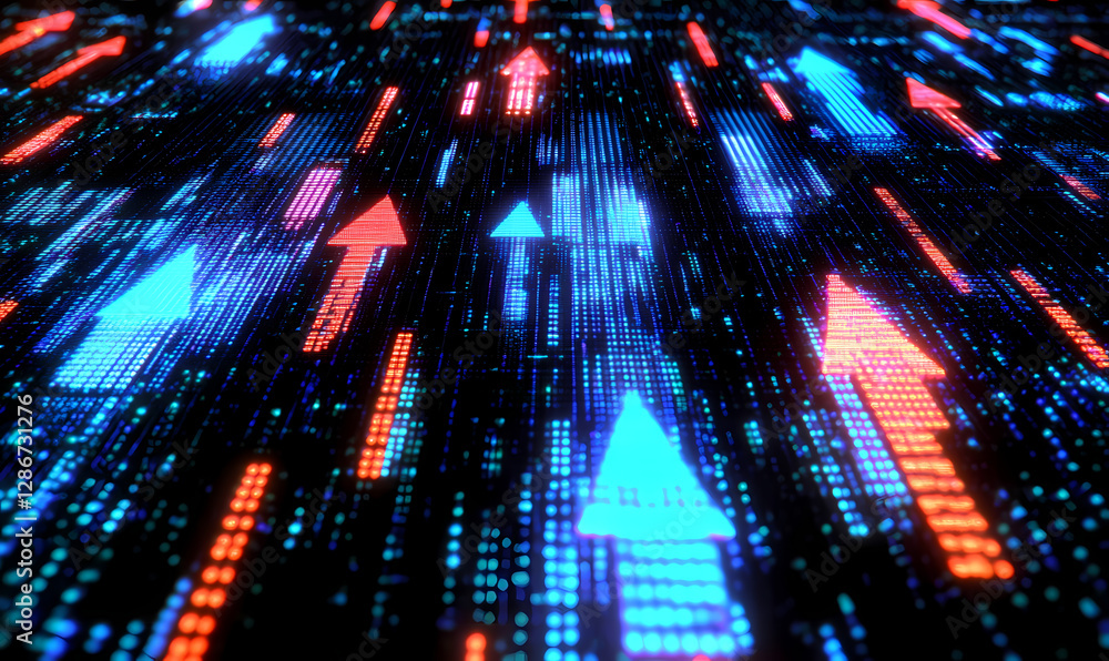 Poster digital ascent: an abstract, dynamic composition of glowing arrows ascending, symbolizing growth and