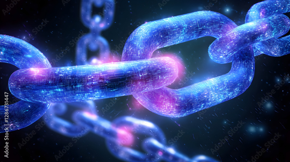 Poster futuristic chain design featuring a glowing link surrounded by abstract elements and vibrant colors