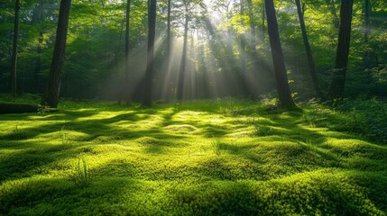 Sun Rays Shining Through Forest Canopy Onto Mossy Ground Scene