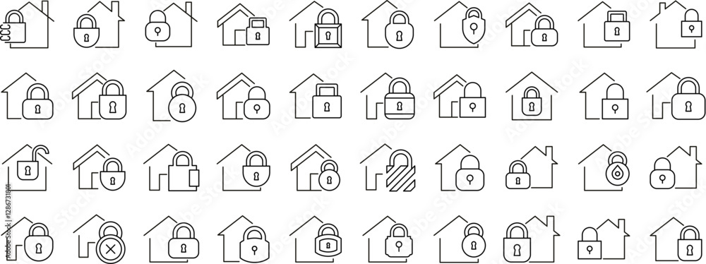 Poster set of line icons of house with lock. minimalistic linear pictogram for web and graphic design, apps