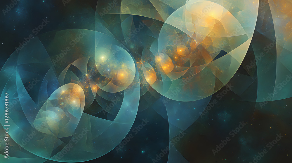 Poster computer screen displaying a digital illustration of a space scene with geometric shapes and colorfu