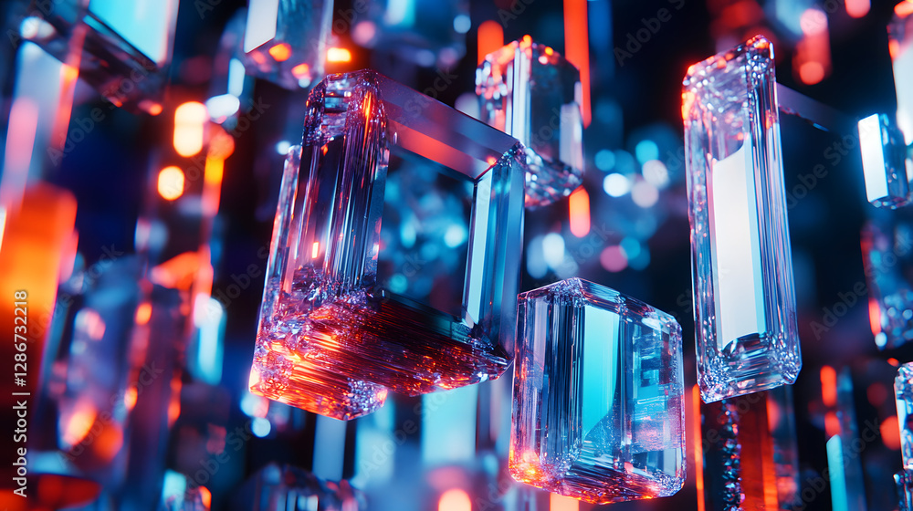 Poster close up of a cluster of crystals with intricate geometric patterns and designs on a dark background