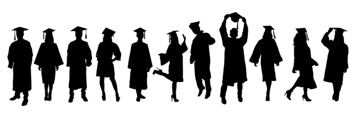 Silhouettes of university graduates in robes. Girls and boys in robes. Graduation at the institute. Black silhouettes of people with academic degrees
