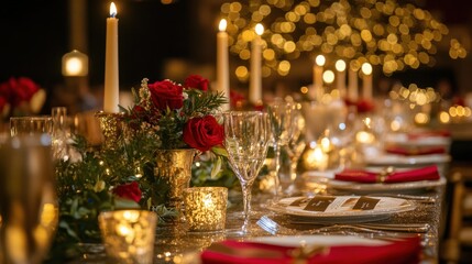 A beautifully arranged table featuring lit candles and fresh flowers, accented by elegant red napkins, creating a warm and inviting ambiance.