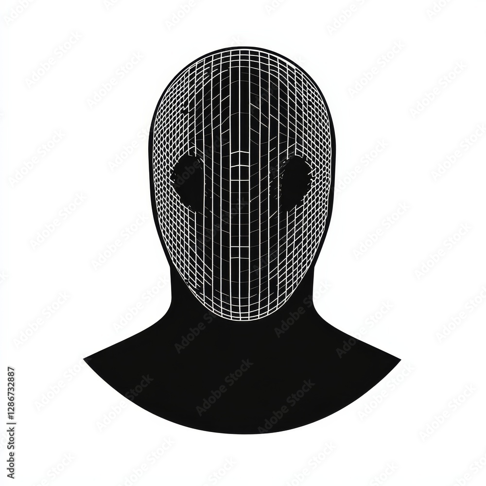 Poster abstract figure with wireframe mask: a stark contrast of black and white creates an intriguing, futu