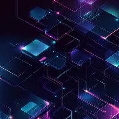 Abstract Cyberpunk Cityscape with Glowing Lines and Geometric Shapes in Blue and Purple