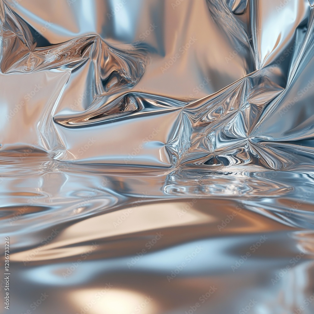 Poster abstract silver fabric surface with reflective blue and peach tones for modern backdrop or product s