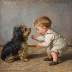 A Child's Fascination: An Oil Painting Depicting a Toddler Reaching Out to Interact with a Loyal Dog Companion 