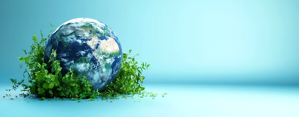 Eco-Friendly 3D Earth Surrounded by Lush Greenery, Sustainable Living, Environmental Conservation, and Nature Harmony Concept