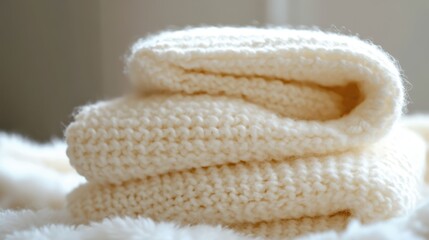 A close-up view of soft, white knitted blankets neatly arranged on a cozy bed, highlighting texture and comfort in a serene setting.