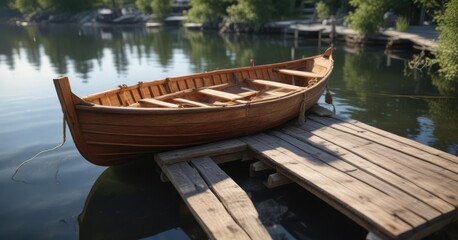 Obraz premium Wooden dory awaiting finishing touches on a quaint dock, rustic, dock, wooden boat