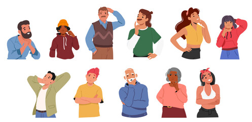 Diverse people pondering cartoon characters showcasing thinking, making choice and decision gesture