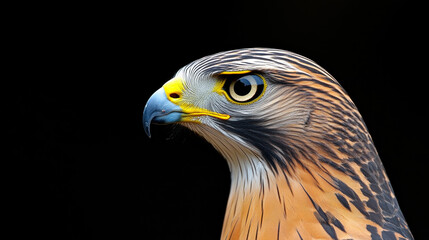 Fototapeta premium Anatomy, A detailed side profile of a hawk's head, showcasing its features in high fidelity.