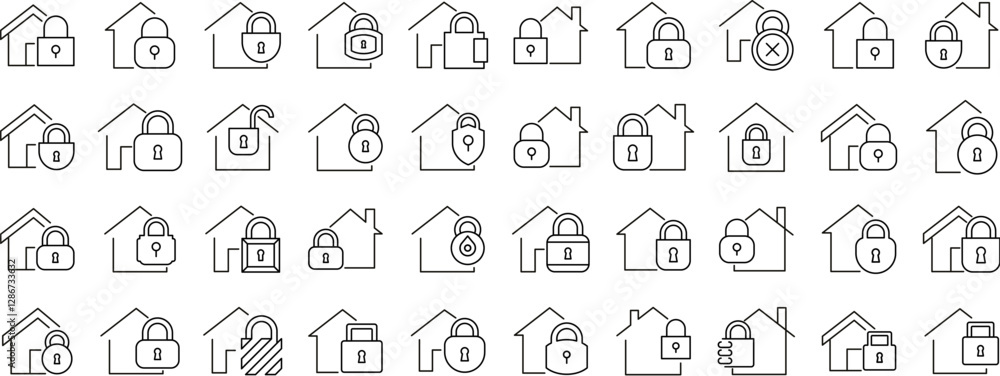 Poster simple linear icon of house with lock. minimalistic linear pictogram for web and graphic design, app