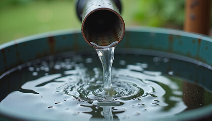 Water Flowing Into Basin Tranquil Metal Pipe Teal Container Outdoor Ripples
