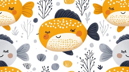 Adorable Cartoon Fish Seamless Pattern Orange and Gray Fish in Underwater Scene with White Background