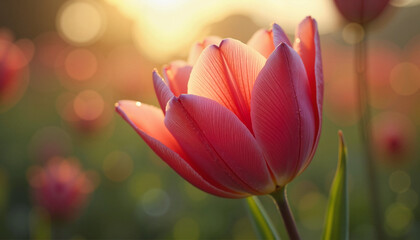 Sunset Tulip Delicate Pink Bloom Golden Light Field Bokeh Background