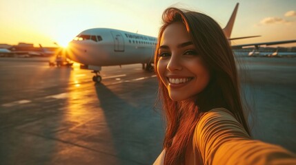 Happy young woman taking selfie picture with smart mobile phone boarding on air plane - Cheerful tourist standing at the airport - Travel life style concept, generative ai