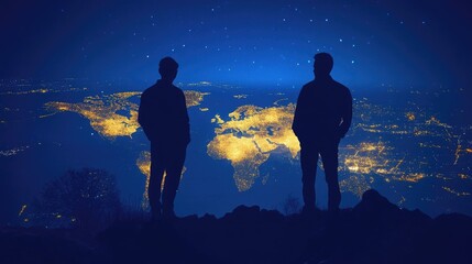 Business visionaries silhouetted against a glowing global map, symbolizing cross-border success.